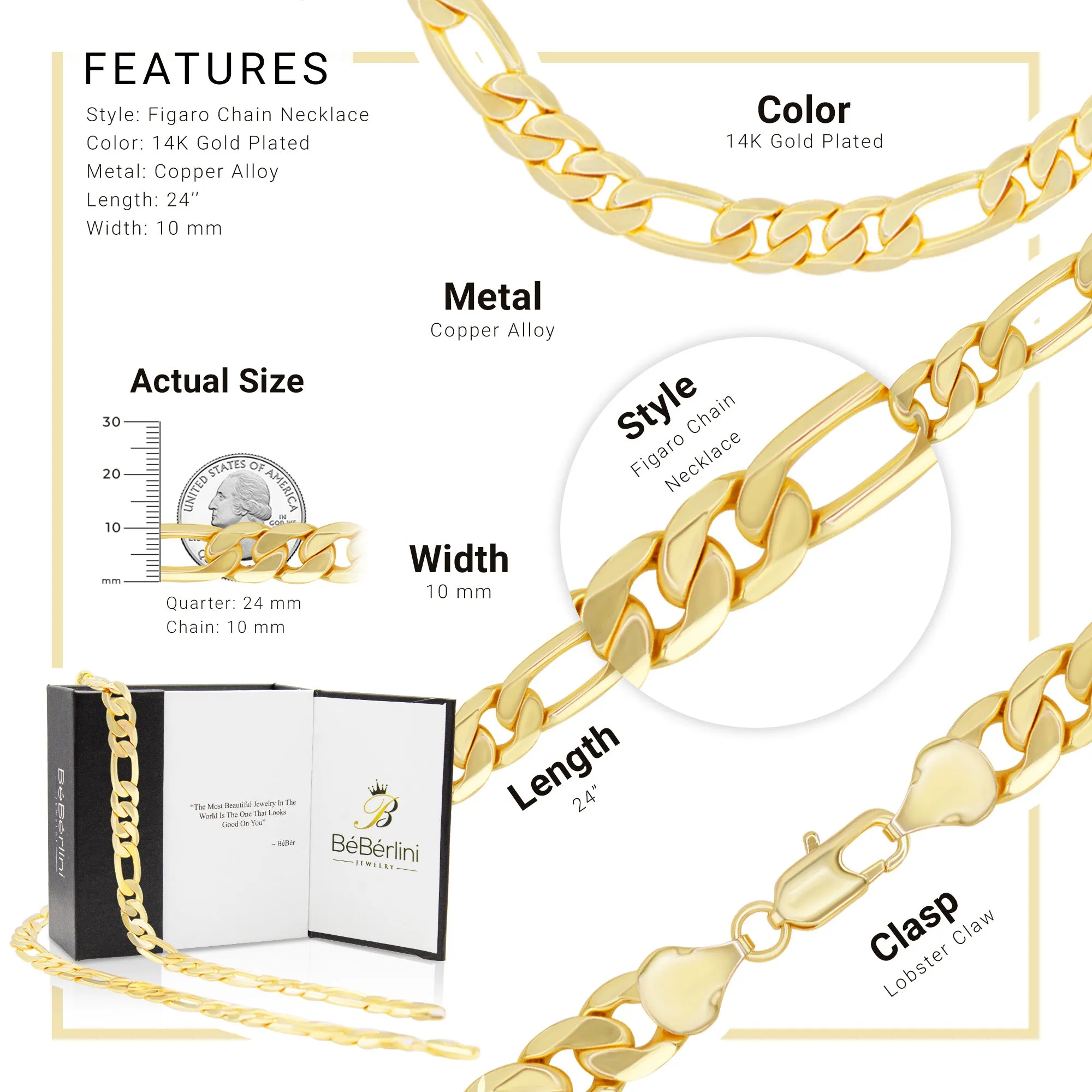 14K Gold-Filled Figaro Chain Necklace 24" 10 mm