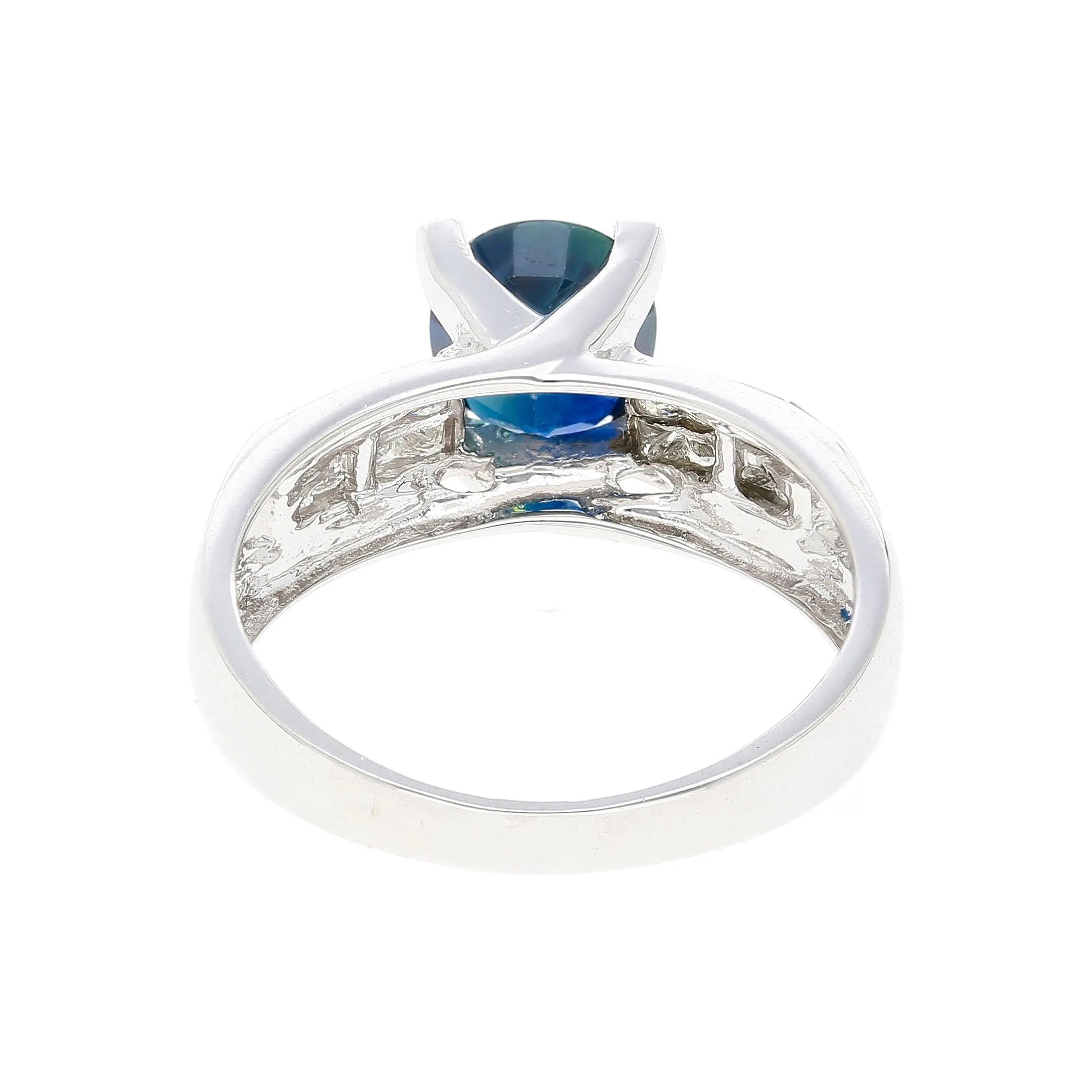14K White Gold 1.56 Carat Oval Blue Sapphire and Invisible Cluster Diamond Ring