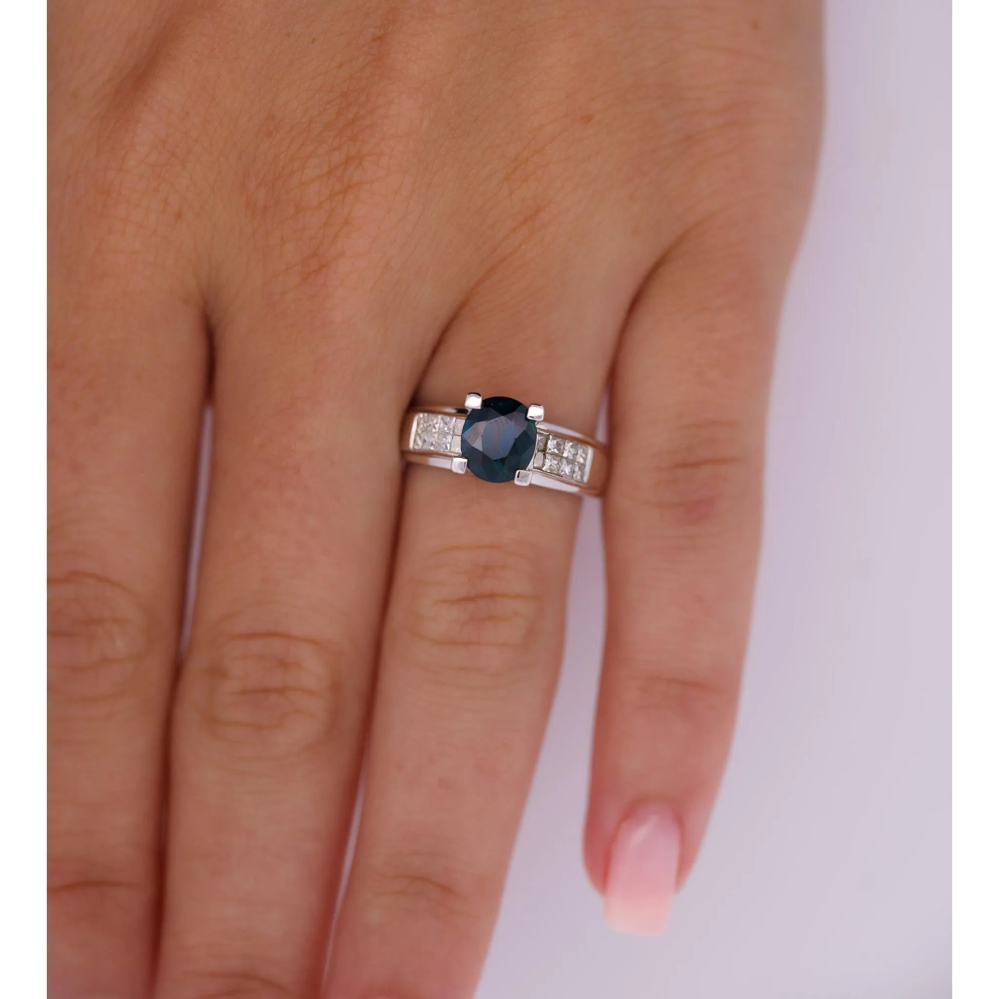 14K White Gold 1.56 Carat Oval Blue Sapphire and Invisible Cluster Diamond Ring
