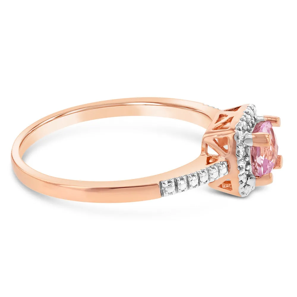 9ct Rose Gold Created Morganite And Diamond Cushion Ring