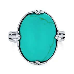 Big Oval Gemstone Western Statement Jade Turquoise Ring .925 Silver