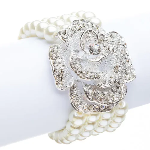 Bridal Wedding Jewelry Crystal Rhinestone Pearl Beautiful Rose Stretch B407 SV