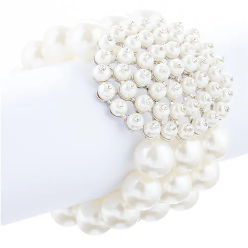 Bridal Wedding Jewelry LG Cluster Crystal Pearls Stretch Bracelet Silver Ivory