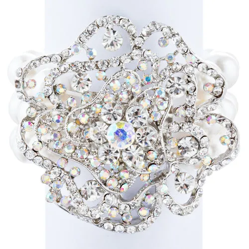 Bridal Wedding Jewelry LG Flower Crystal Pearls Stretch Bracelet Silver Ivory