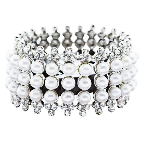 Bridal Wedding Jewelry Stunning 3 Rows Pearl Crystal Stretch Fashion Bracelet