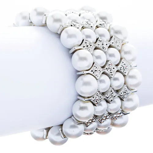 Bridal Wedding Jewelry Stunning 4 Rows Pearl Crystal Stretch Bracelet Silver