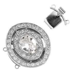 Filigree Box Clasps, 2 Strand Terraced Oval with Crystals 27x26.5mm, Rhodium Plated (1 Piece)