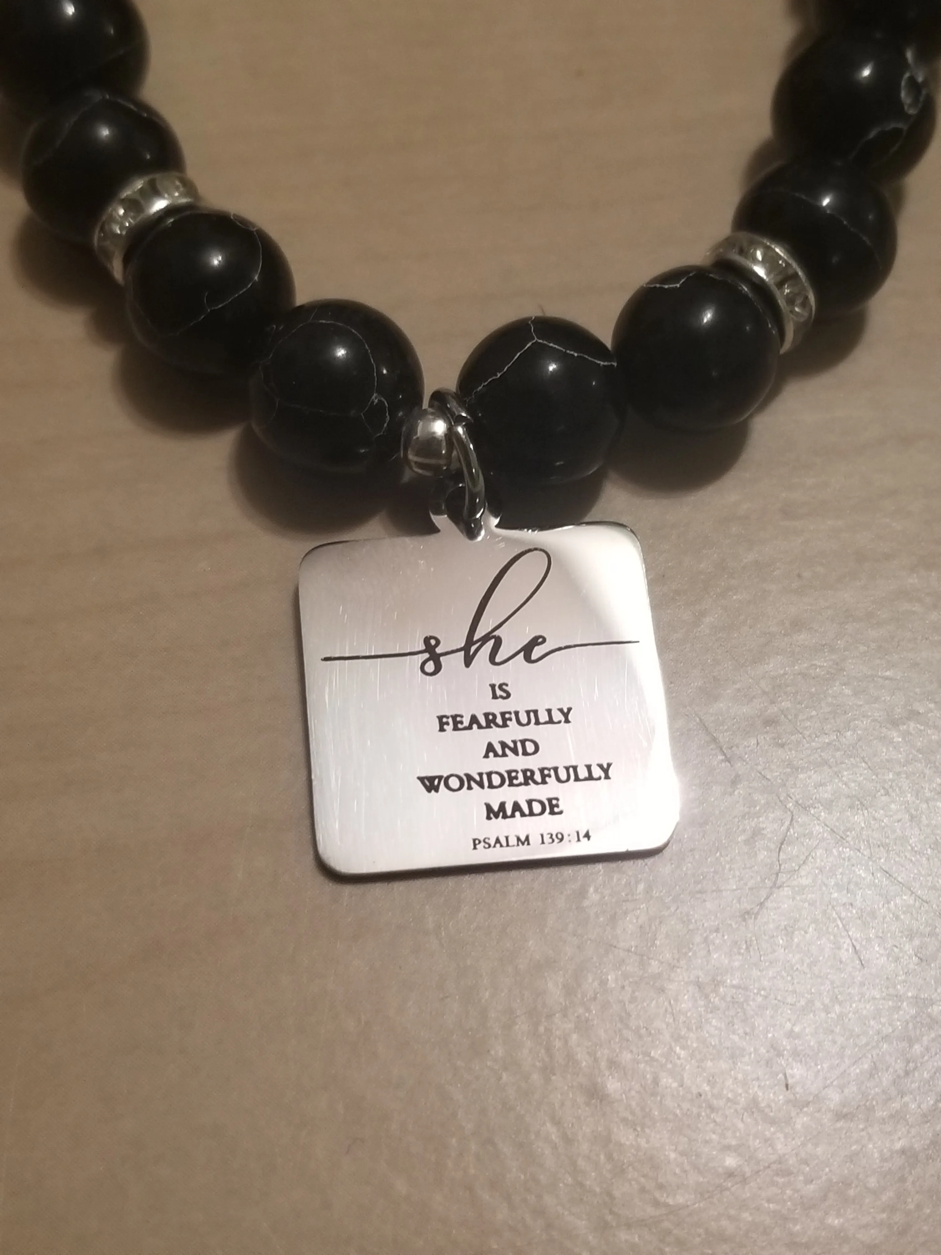 Handmade She is Fearfully & Wonderfully Made Stone Beaded Stretched Bracelet