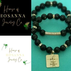 Handmade She is Fearfully & Wonderfully Made Stone Beaded Stretched Bracelet