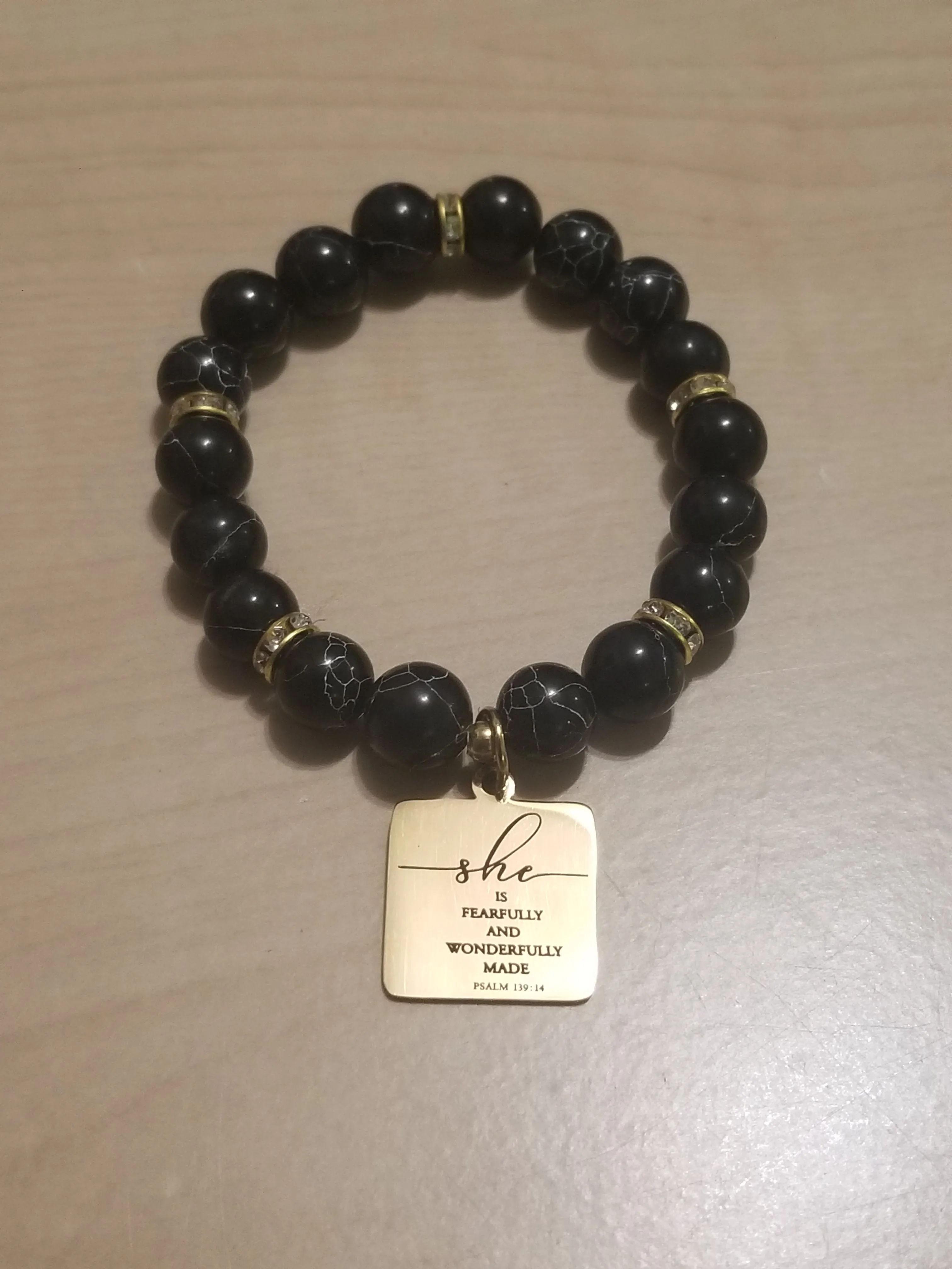 Handmade She is Fearfully & Wonderfully Made Stone Beaded Stretched Bracelet