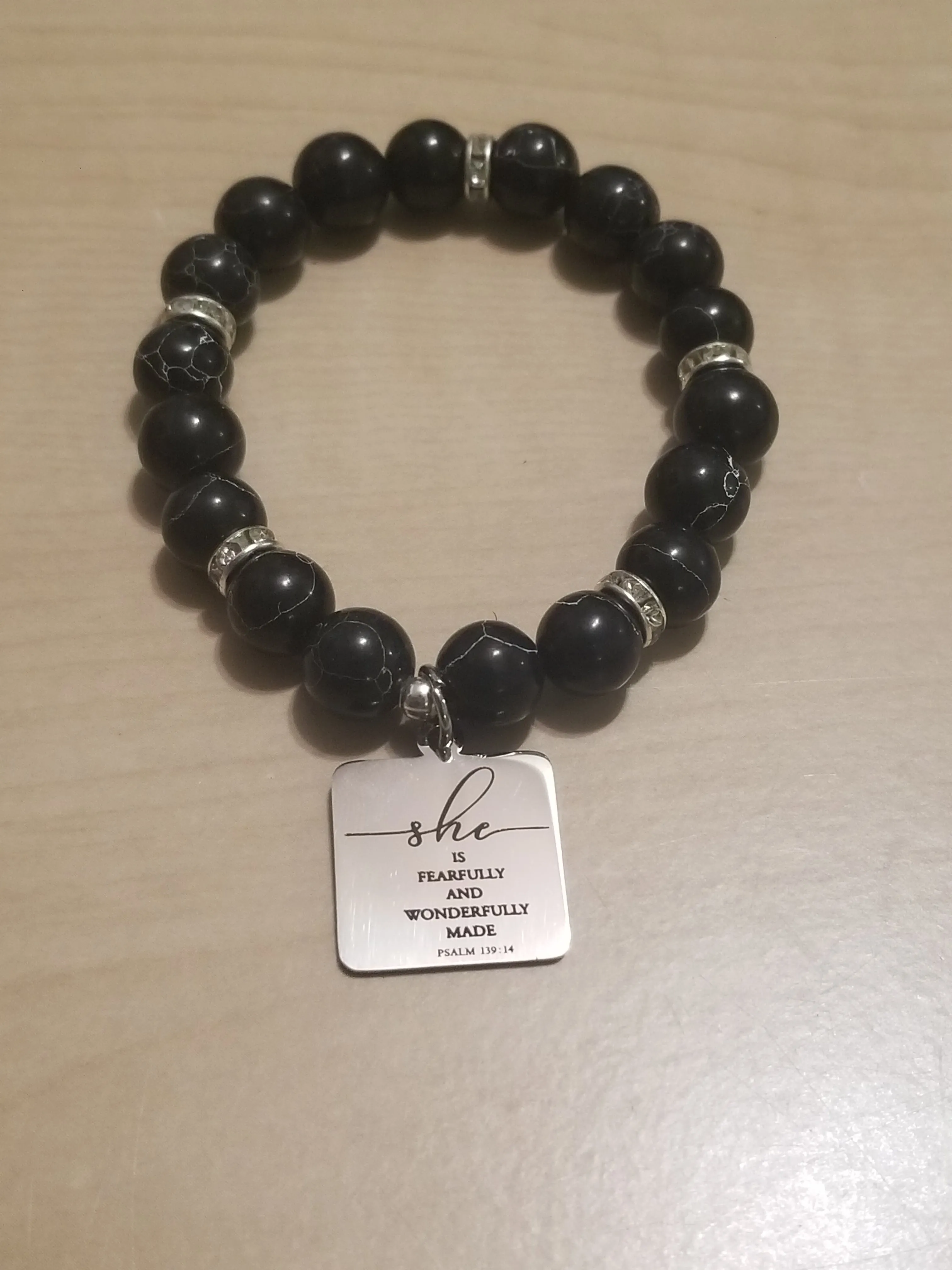 Handmade She is Fearfully & Wonderfully Made Stone Beaded Stretched Bracelet