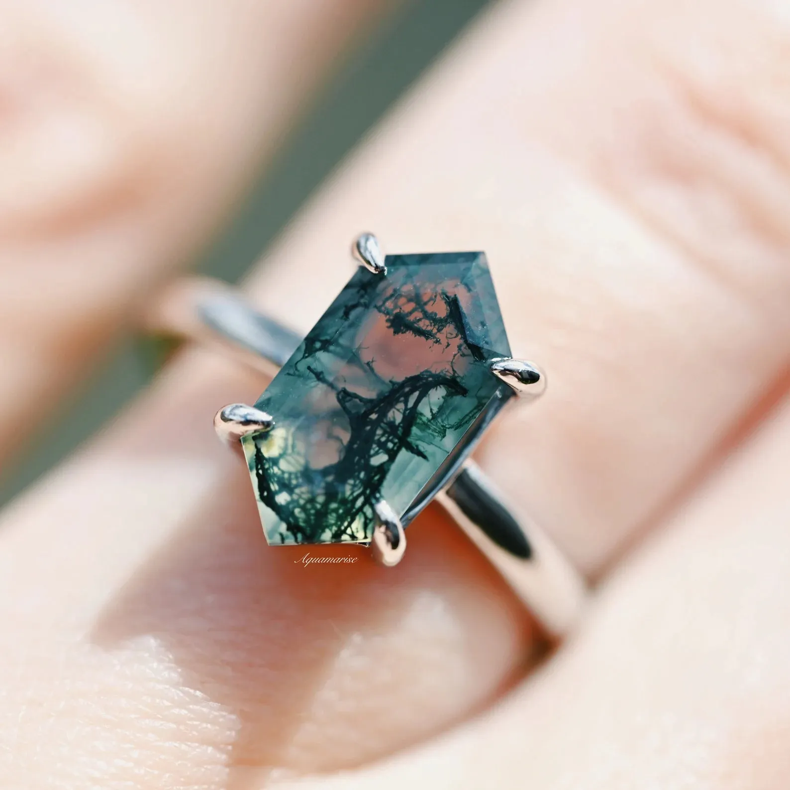 Hexagon Green Moss Agate Ring- Sterling Silver