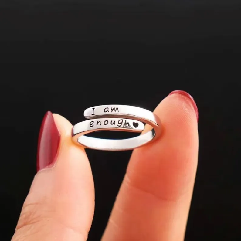 I Am Enough Ring, Stainless Steel Silver Adjustable Ring