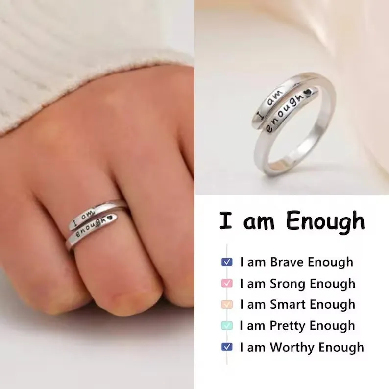 I Am Enough Ring, Stainless Steel Silver Adjustable Ring