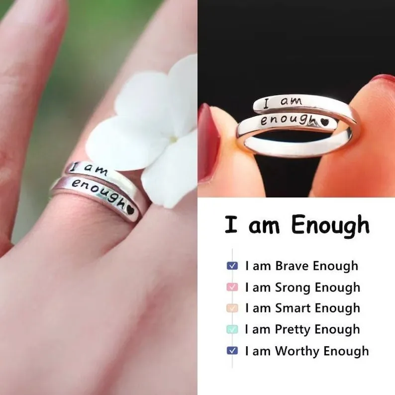 I Am Enough Ring, Stainless Steel Silver Adjustable Ring