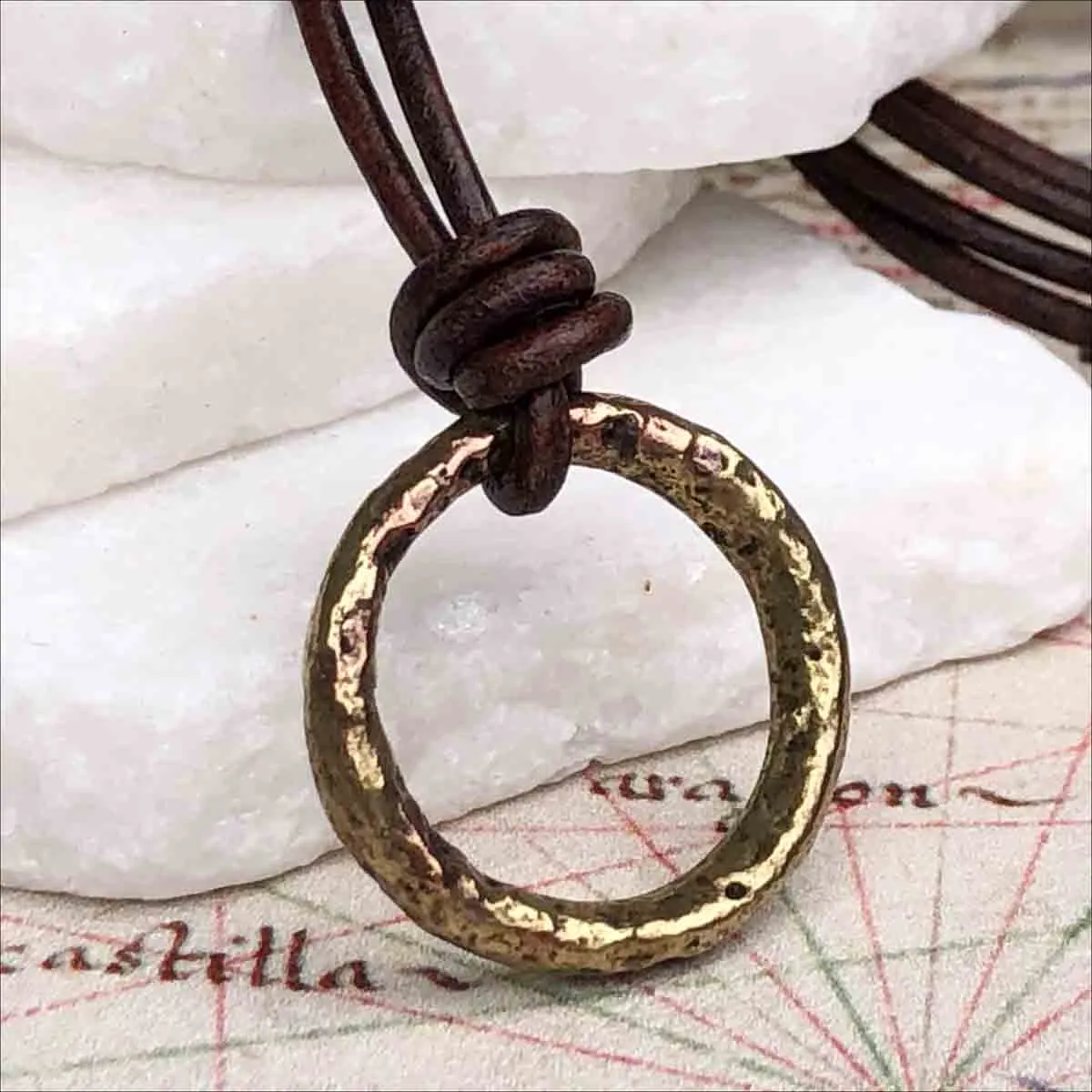 Variegated Brown to Gold Bronze Celtic Ring Money Leather Necklace | Artifact #3399