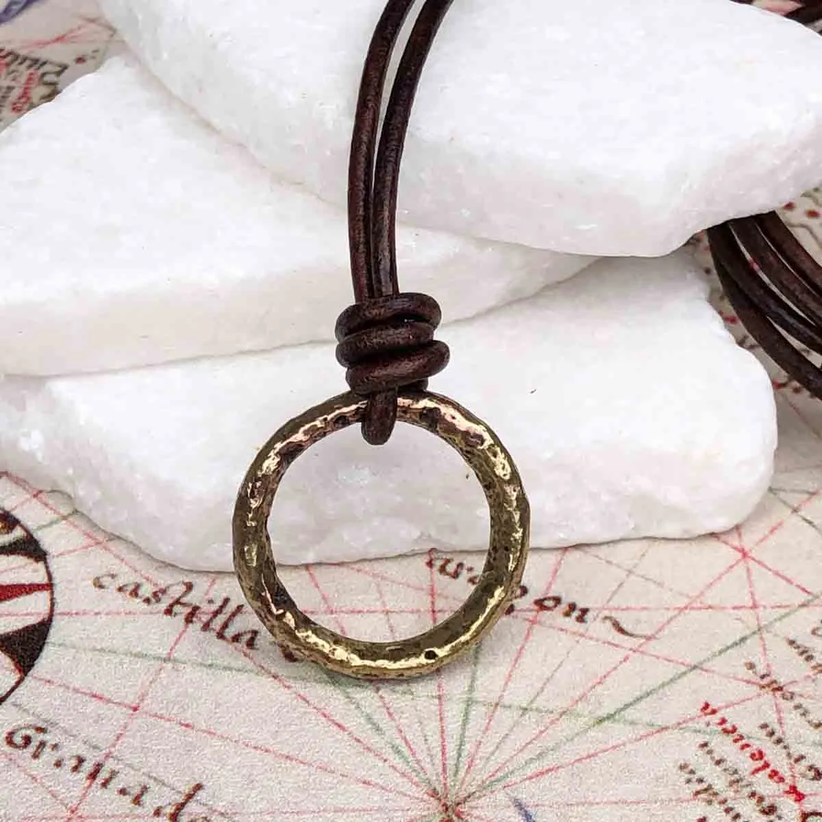 Variegated Brown to Gold Bronze Celtic Ring Money Leather Necklace | Artifact #3399