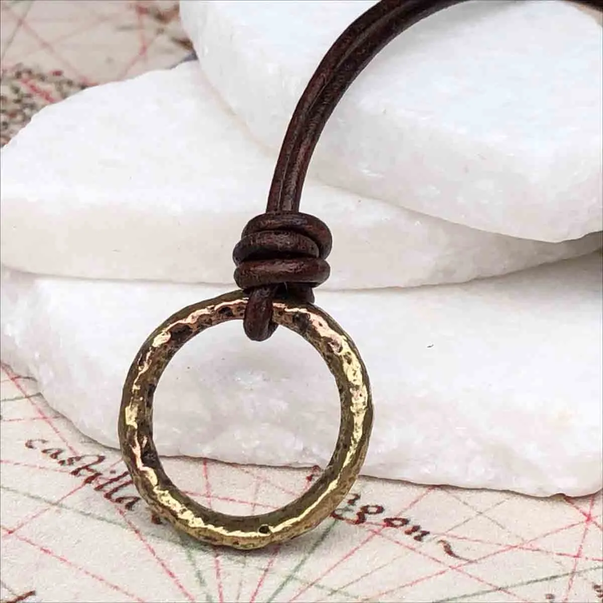 Variegated Brown to Gold Bronze Celtic Ring Money Leather Necklace | Artifact #3399